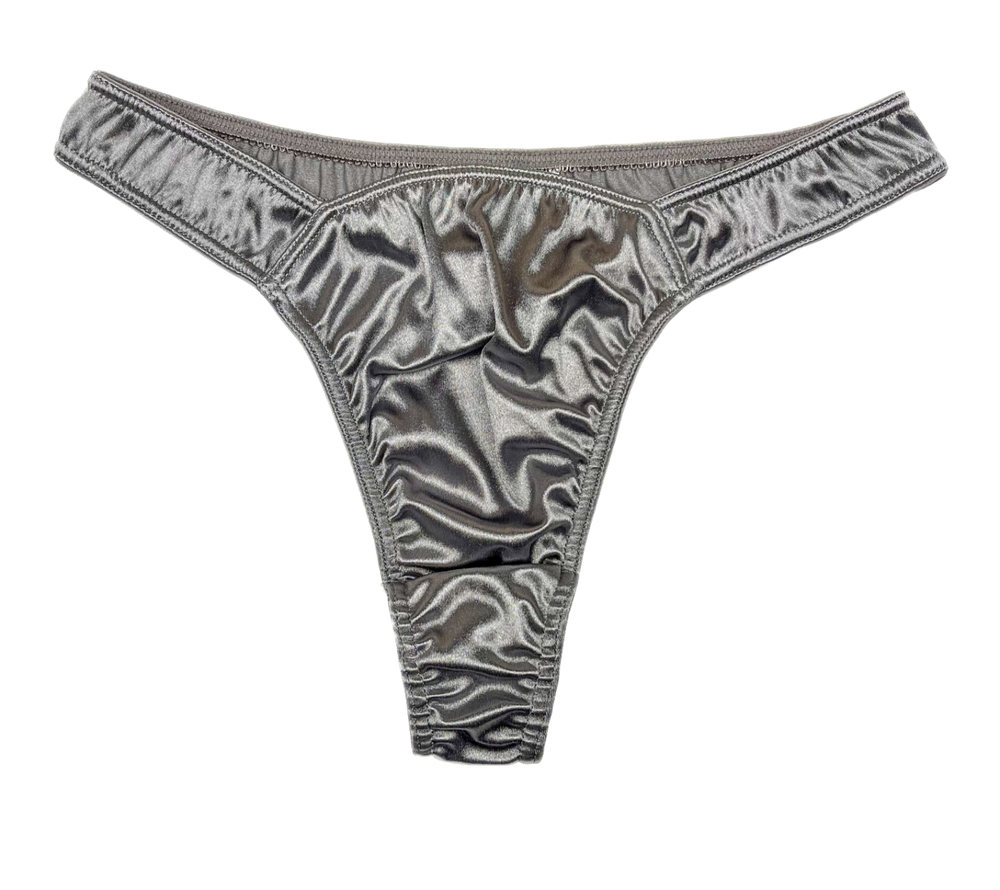 High Leg Satin Thong Silver L