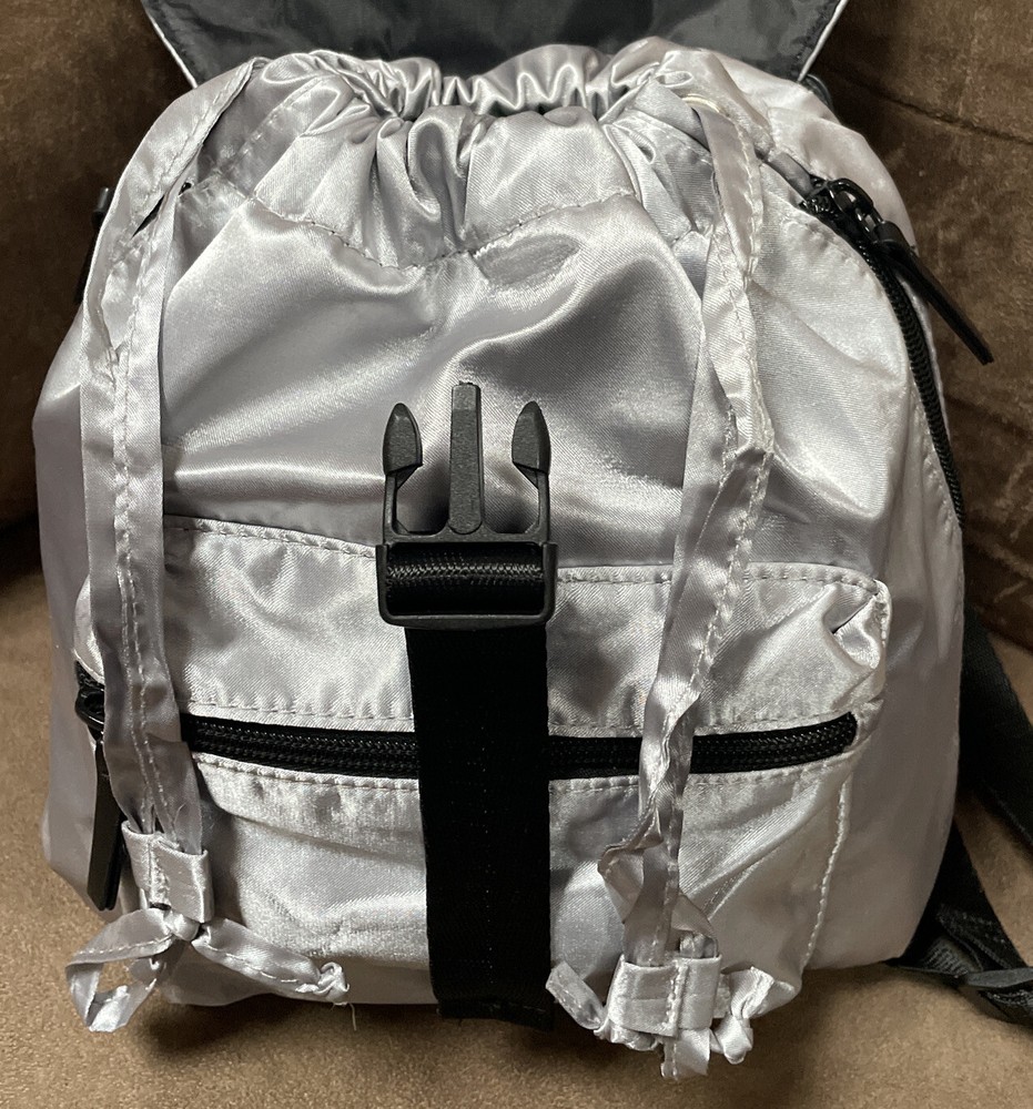 JUSTICE MINI BACKPACK SILVER/BLACK SATIN SUPER CUTE!!