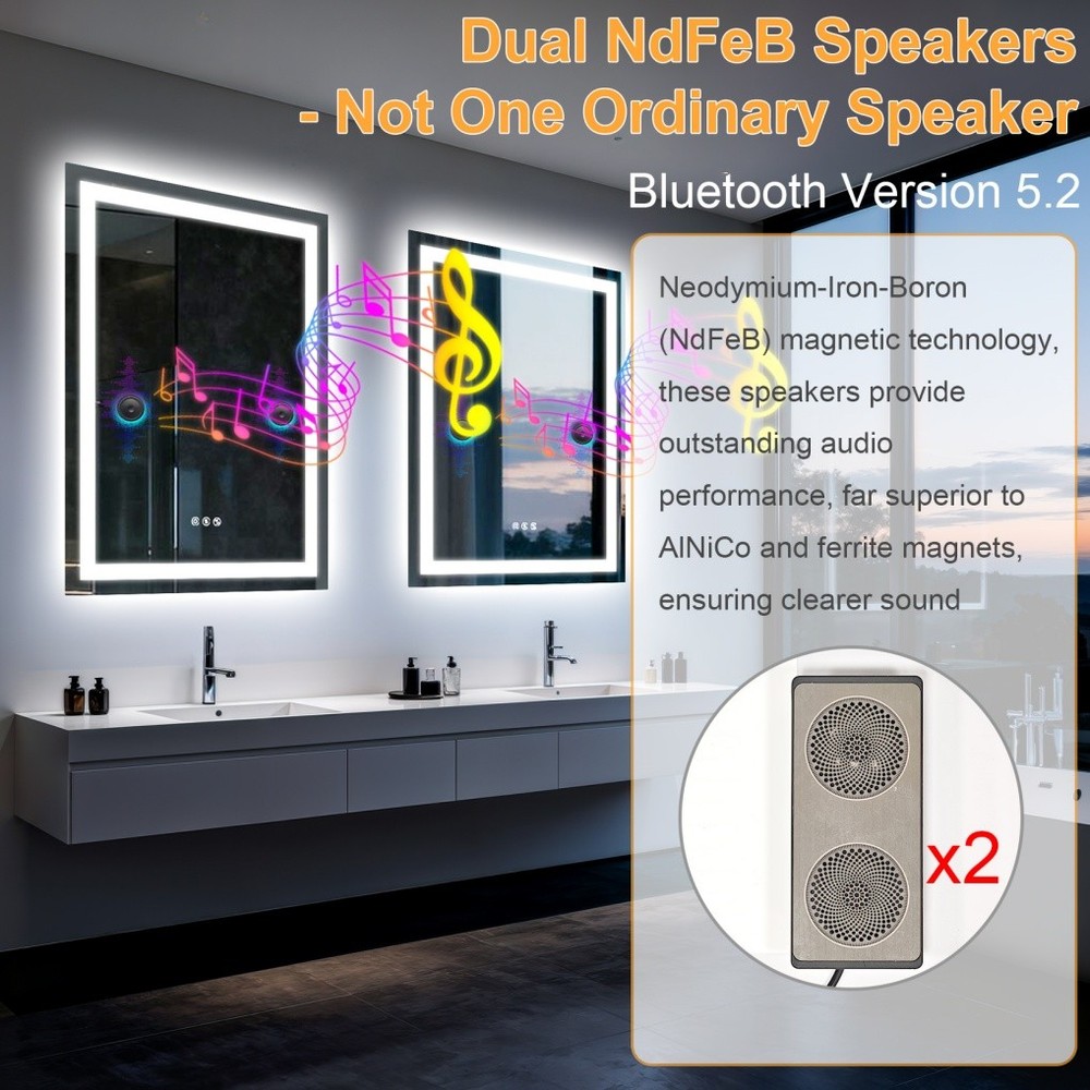 Smart Bluetooth Bathroom Mirror with Double Speakers Backlight Stepless Dimming