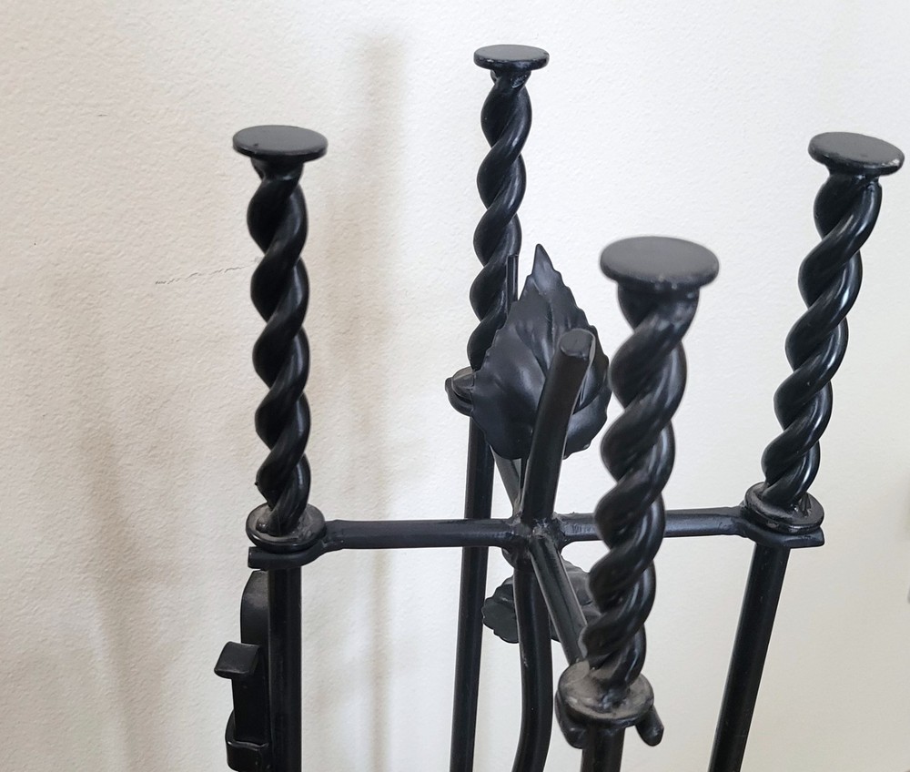 Vintage Black Wrought Iron Leaf Fireplace Tools Set