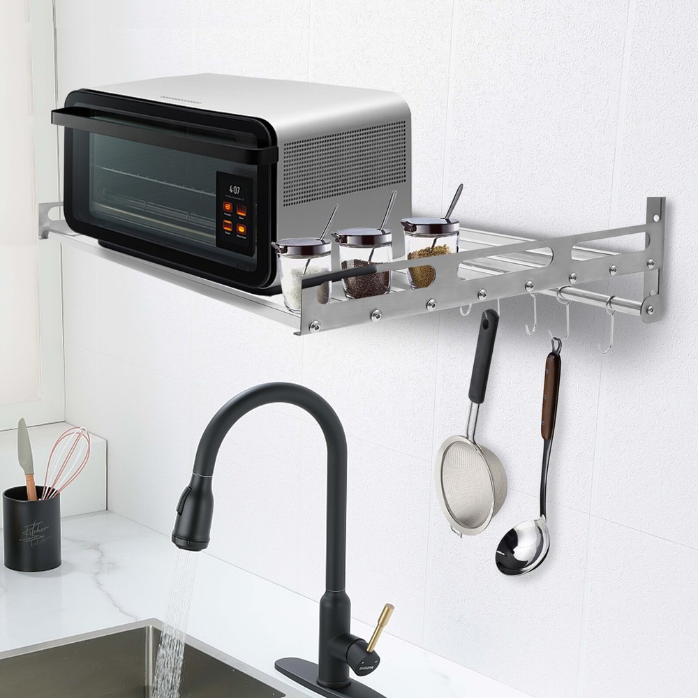 Stainless Steel Wall-Mounted Microwave Oven Shelf w/12 Hooks for Kitchen Storage