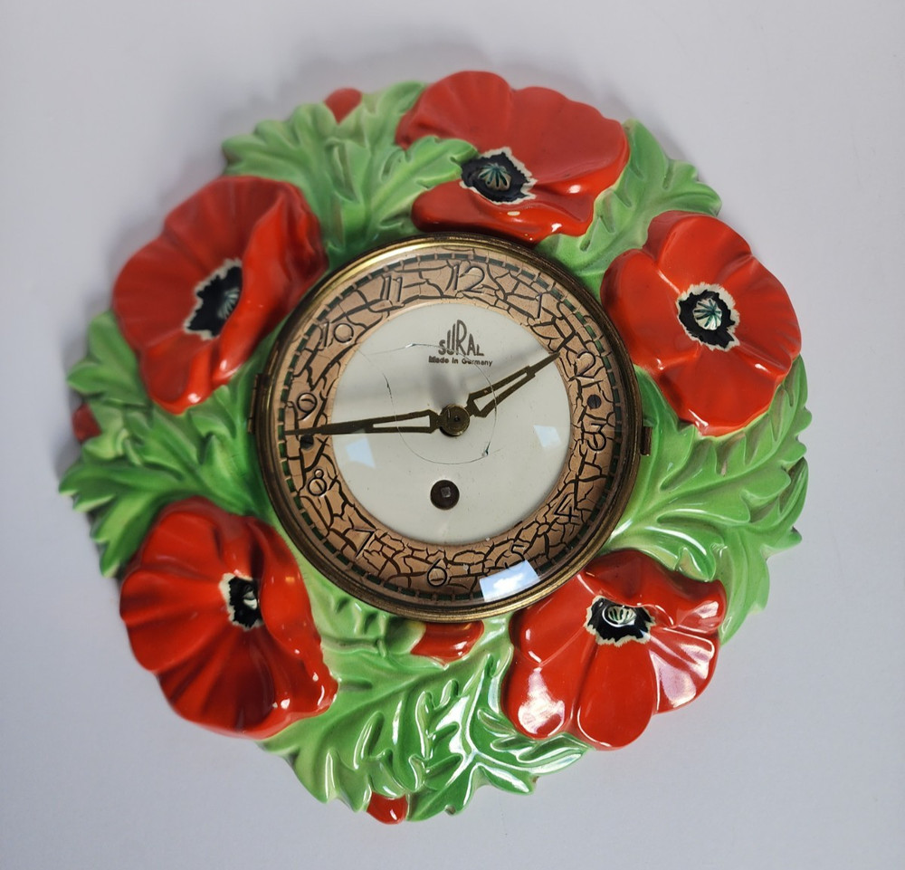 Vtg German Ceramic Poppy Clock