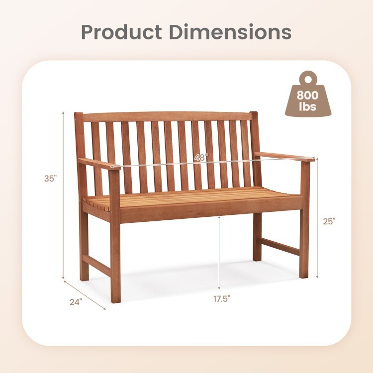 2-Seat Patio Solid Eucalyptus Wood Bench w/ Comfortable Armrest Slatted Backrest