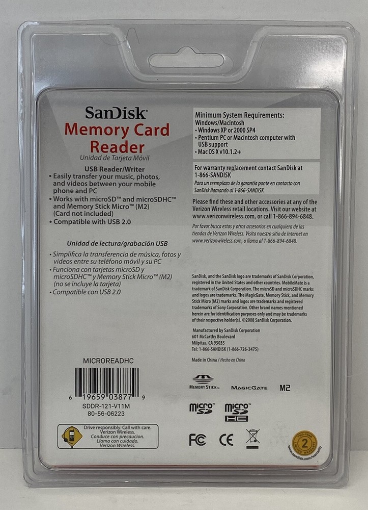 Verizon Sandisk Mobilemate Micro Memory Card Reader Universal SDDR-121-V11M