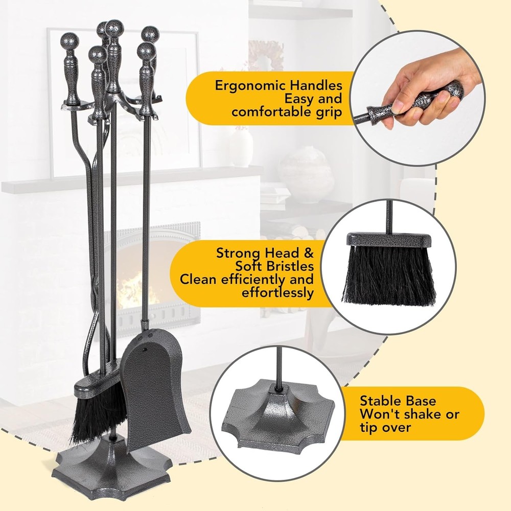 5 Pieces Fireplace Tools Set, Wrought Iron with Silver Pattern Fireplace Accesso