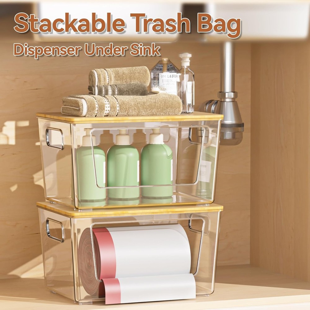 2 Pack Trash Bag Holder with Bamboo Lid, Stackable Trashbag Dispenser, Extra Lar