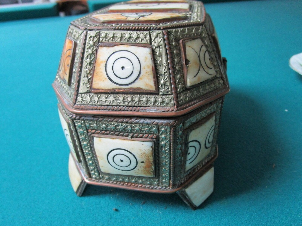 Middle Eastern antique camel bone brass handmade footed box leather original