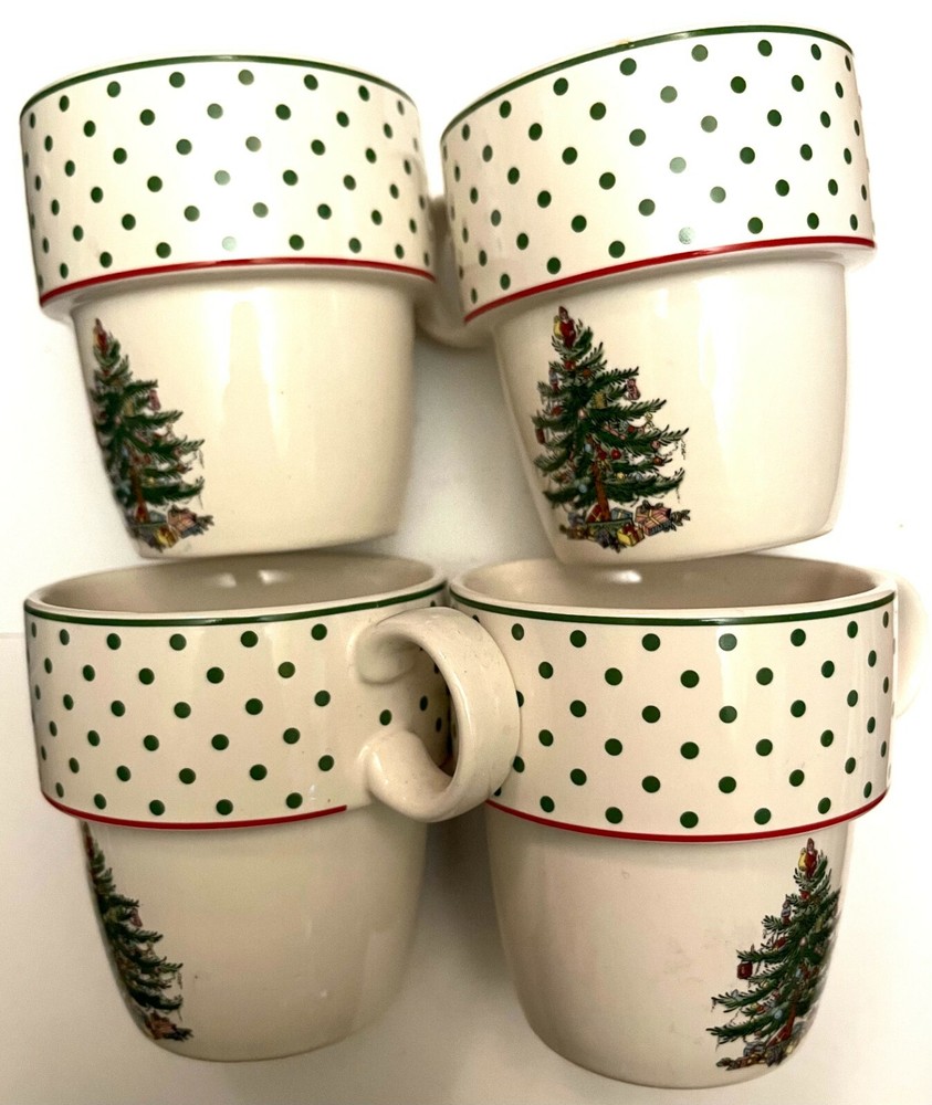 SPODE Mugs, "Christmas Tree", Polka Dot Ceramic, 4, Replace, Add or COLLECT!