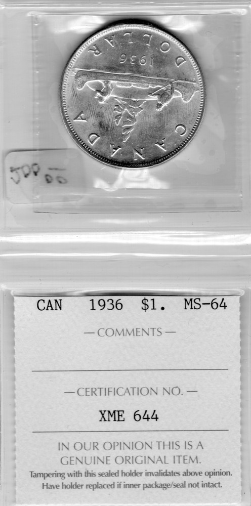 1936 Canada One Silver Dollar - ICCS Graded MS-64