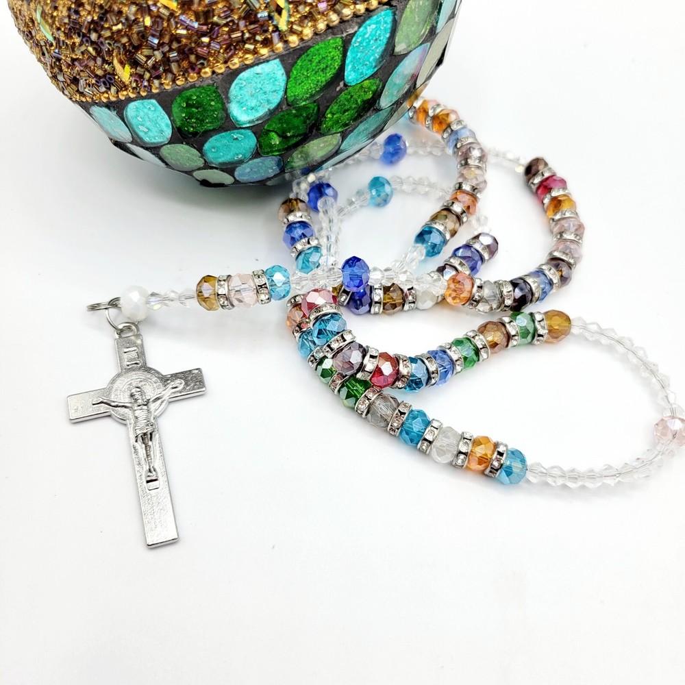 Catholic Rosary With Crucifix multicolor Crystal & Rhinestone shiny,