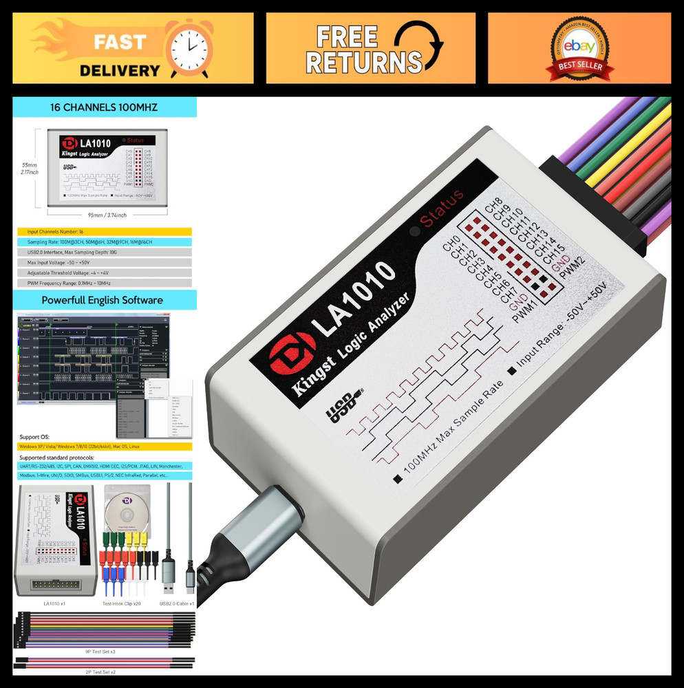 16-Channel USB Logic Analyzer 100MHz, PC Software for Windows, Mac & Linux