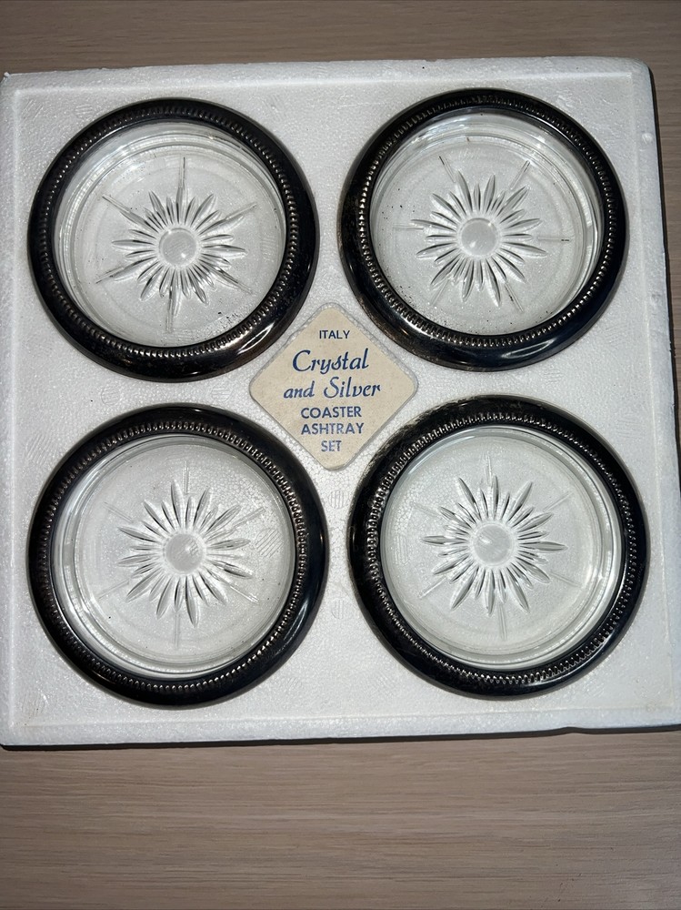 Vintage Crystal And Silver Plate Coaster Ashtray Set Leonard Silver Plate