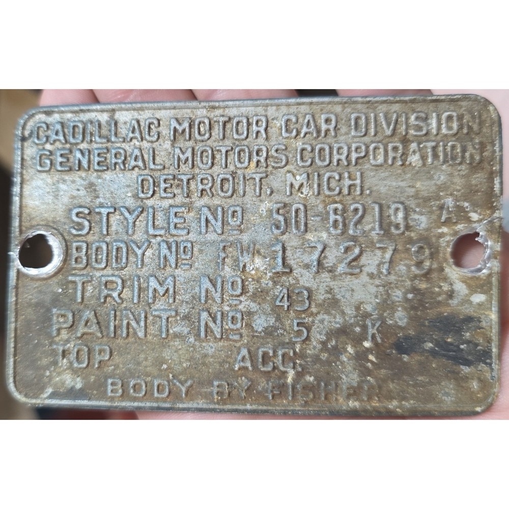 Cadillac 1950 Data Plate Tag