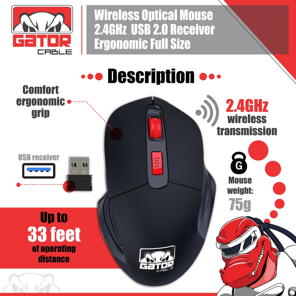 Wireless Optical Mouse Ergonomic USB Receiver 2.4GHz for Laptop PC Computer Mac
