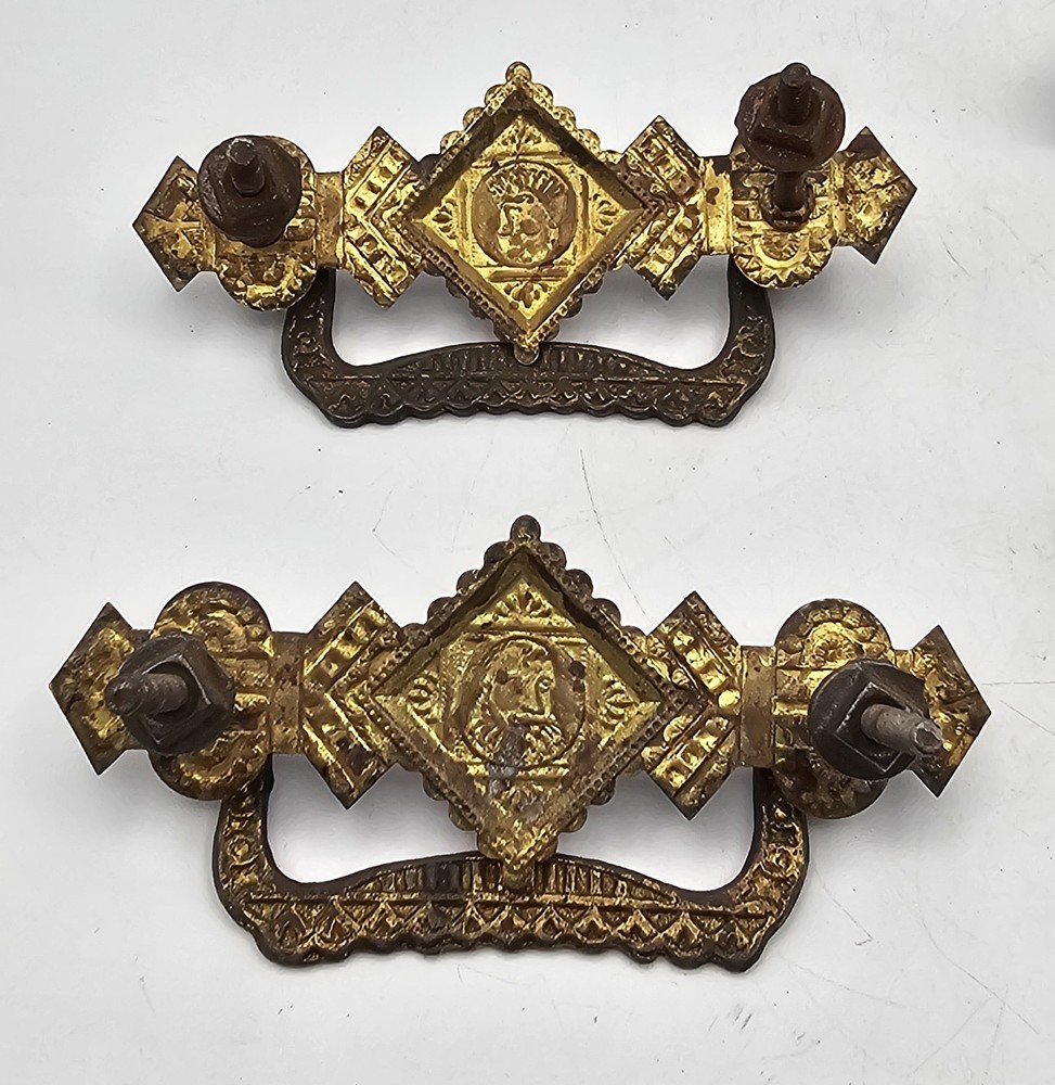 Antique Pressed Brass Drawer Pulls Ornate Gothis Style ~ 2 Pairs