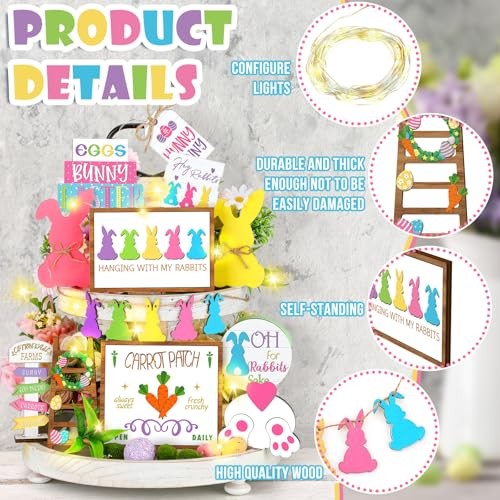15 Pcs Easter Spring Tiered Tray Decor Set Wooden Table Sign Easter Bunny