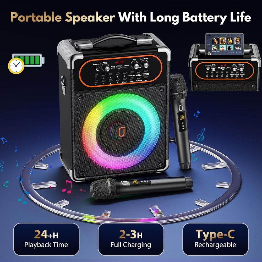 HWWR Bluetooth Karaoke Speaker 2 Wireless Mics Echo TWS