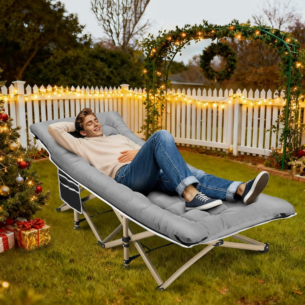 Extra Wide Portable Camping Cot with Thick Mattress - 600LBS Capacity (Grey)