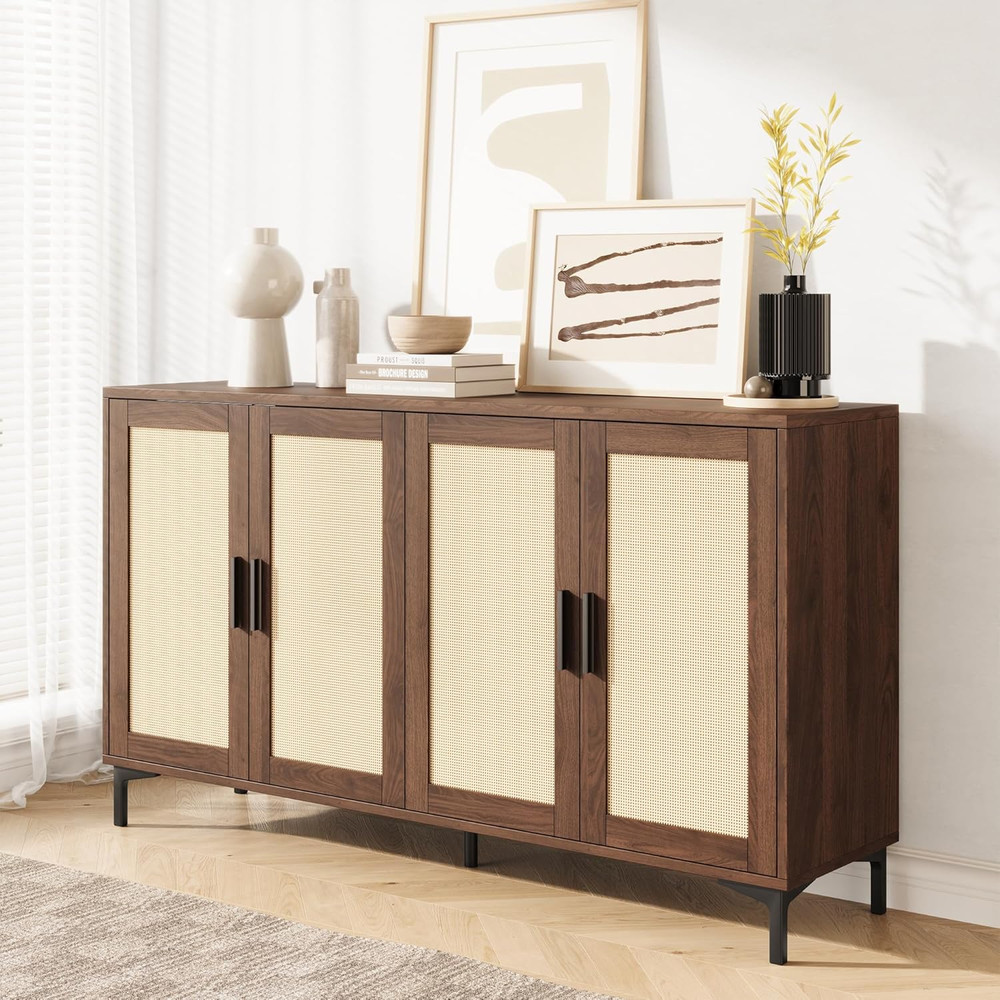 Buffet Cabinet with Storage, 48" Rattan Sideboard with Adjustable Shelves, Moder