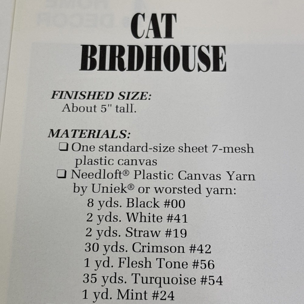 Cat Birdhouse Annie's Attic Plastic Canvas Pattern Page