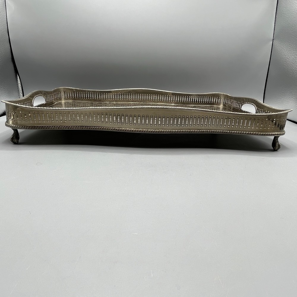 Vintage Silver Plate Footed Gallery Serving Tray Rectangular Serpentine Cocktail