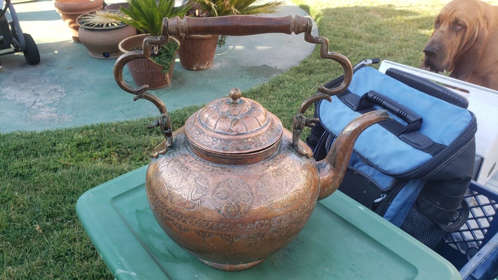 Antique Large Copper Silver Teapot Kettle Middle Eastern
