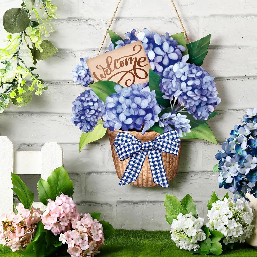 Spring Door Sign Blue Hydrangea Wreaths Flowers Spring Door Hanger Rustic Easter