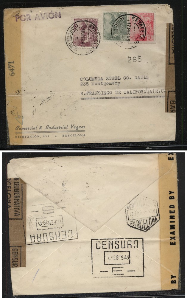 Spain  nice  double censor cover to  US   1945 nice markings         SSS0405