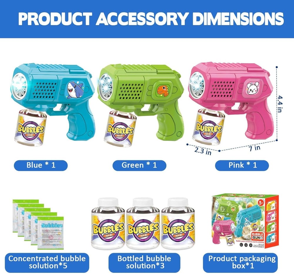 Interactive 3 Pack Bubble Guns with Solution - Fun for Toddlers and Kids 3-12