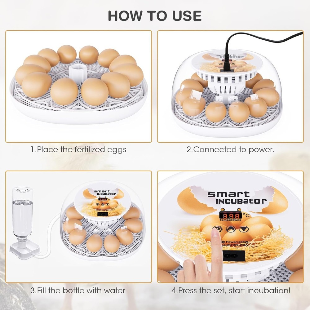 Efficient 12 Egg Incubator w/ Automatic Water & Temperature Control for Poultry