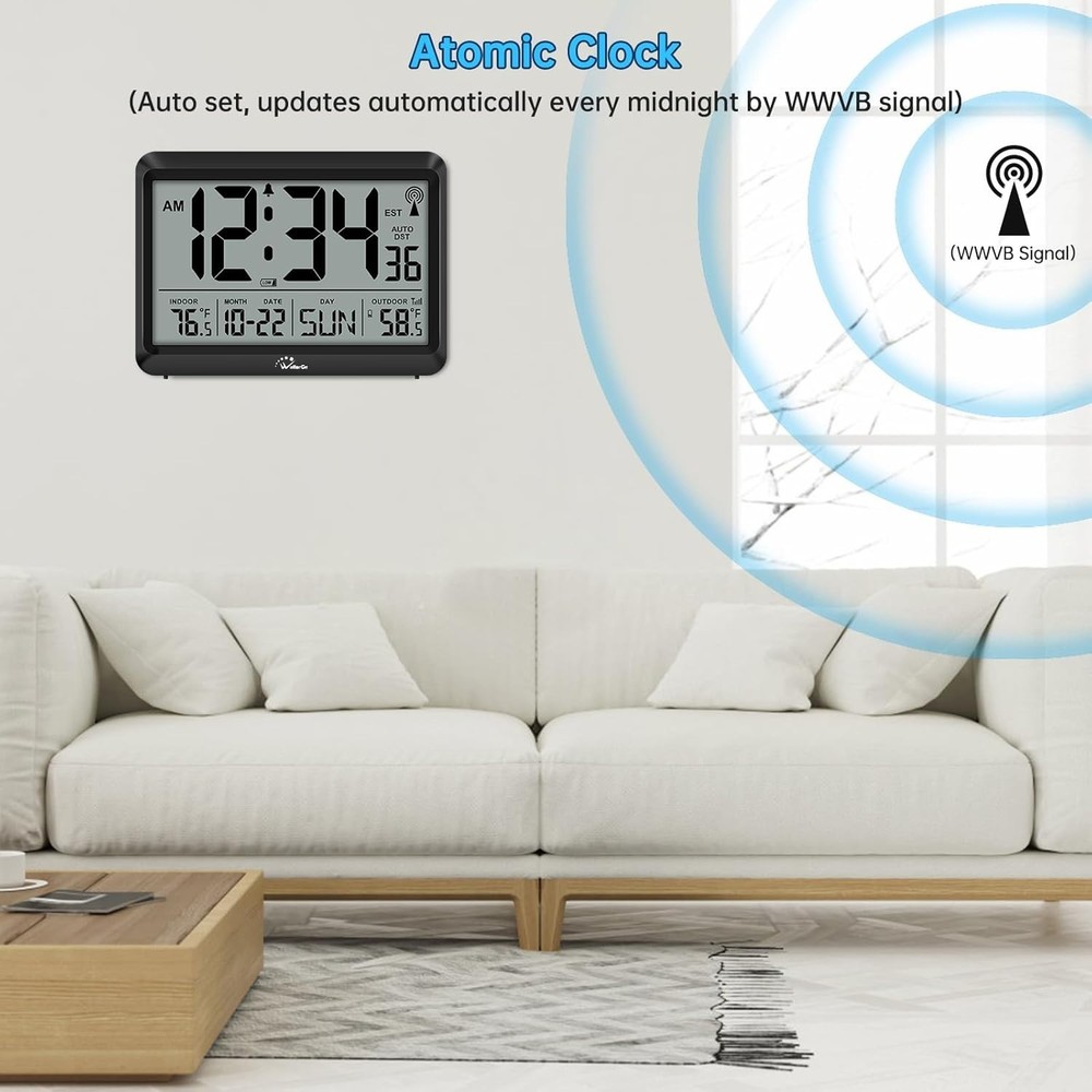 Modern Atomic Wall Clock - Self-Setting, Indoor Outdoor Temp