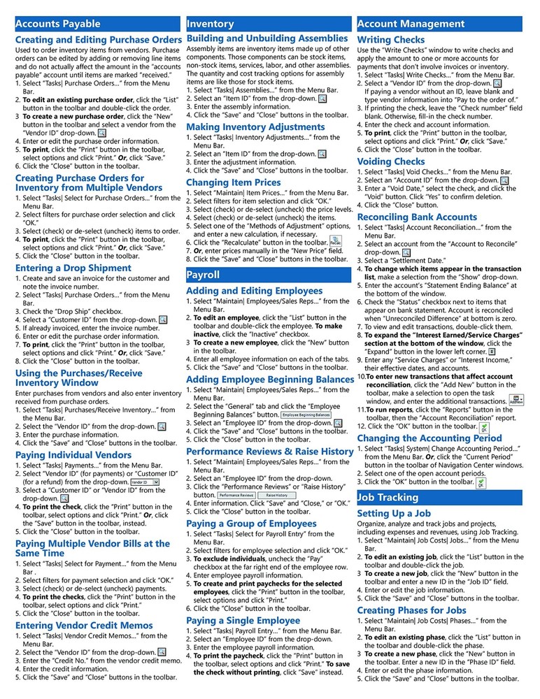Sage 50 2019 Training Guide Quick Reference Card 4 Page Cheat Sheet Instructions