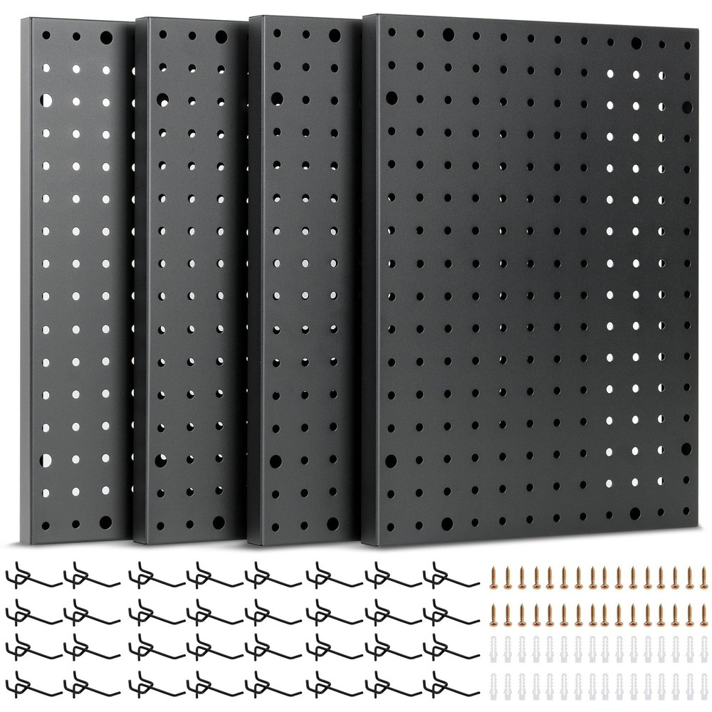 Heavy Duty 4-Panel Pegboard Wall Organizer & 32 Peg Hooks - Four Black Metal ...