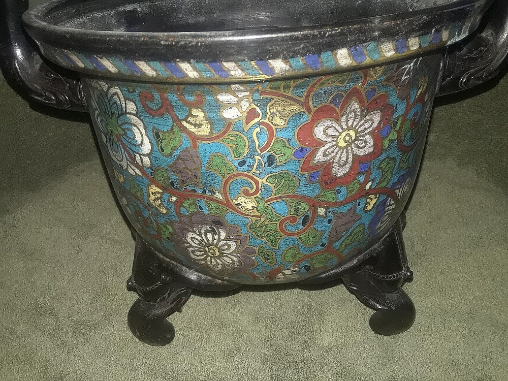 OLD CHINESE CLOISONNE 16" COVERED INCENSE/CENSOR◇7 FIGURAL ELEPHANTS◇MARKED◇A+