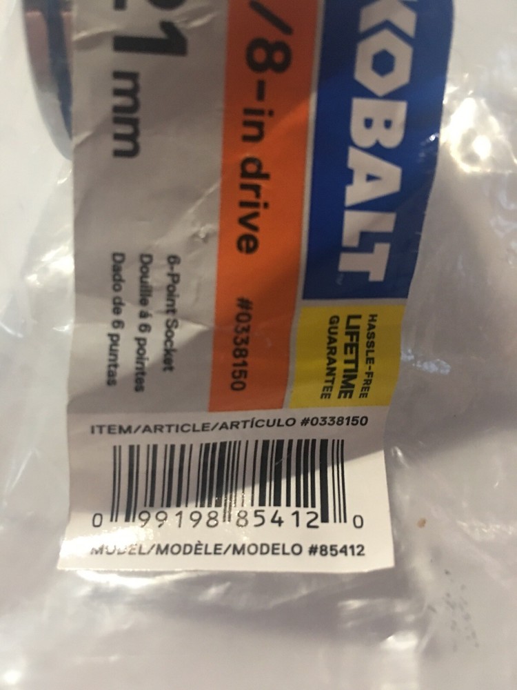 New Kobalt 0338150 6 Point Socket 21mm 3/8" Drive