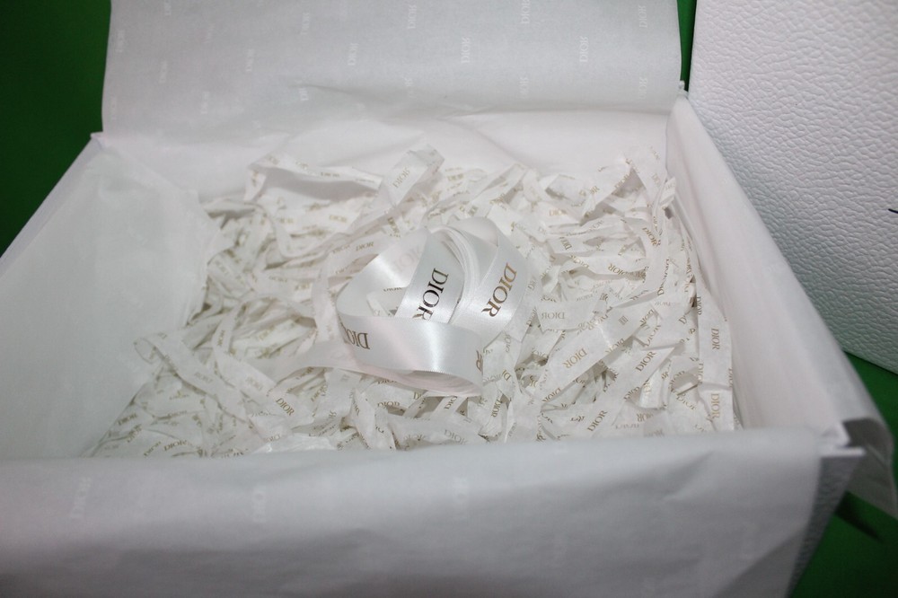Dior Pebble Texture White Empty Gift Box With Black Lettering, Ribbon And Tissue