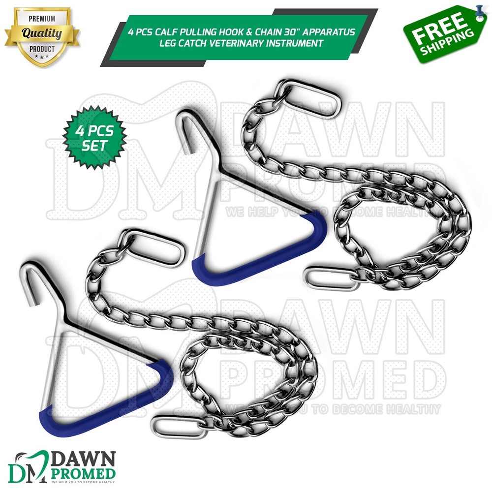 4 Pcs Calf Puller Hook & Chain 45" Apparatus Leg Catch Veterinary Inst German Gr