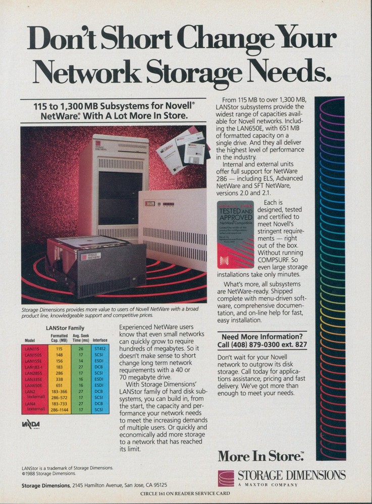 1989 Storage Dimensions Network Storage Needs Netware Rainbow Colors Ad PC3