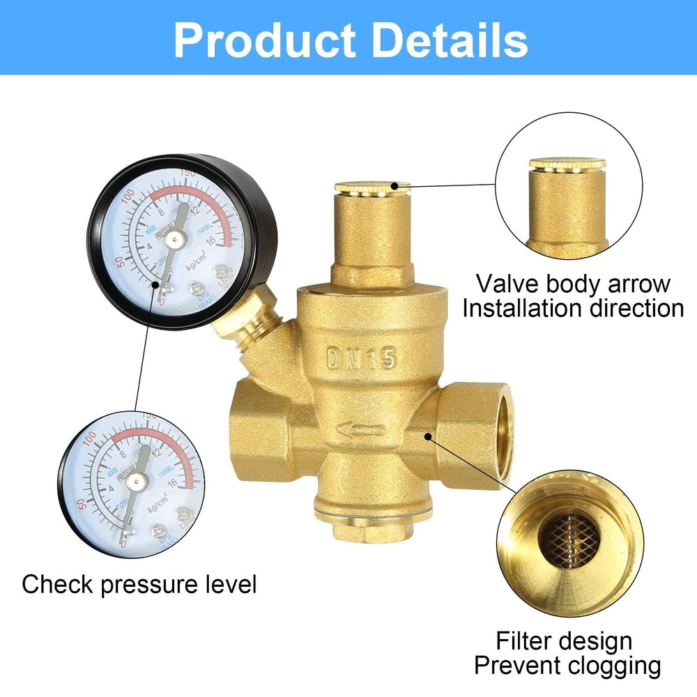 Water Pressure Regulator 1/2 inch with Gauge, Made of 100% inch, Inch