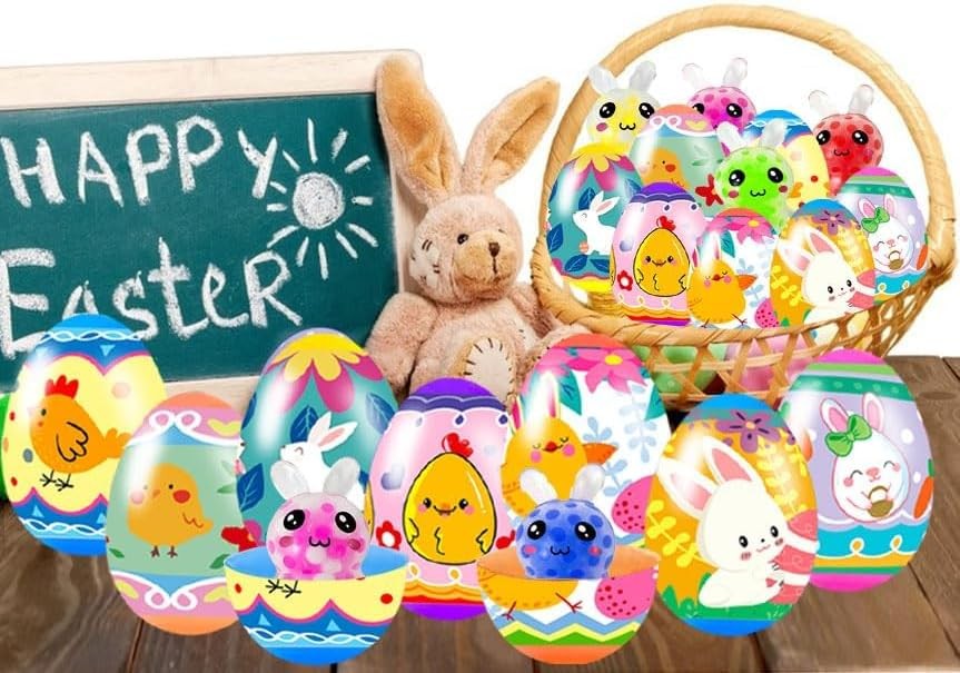 24 Pack Prefilled Easter Eggs with Squeeze Toys Colorful Easter Eggs with Variet