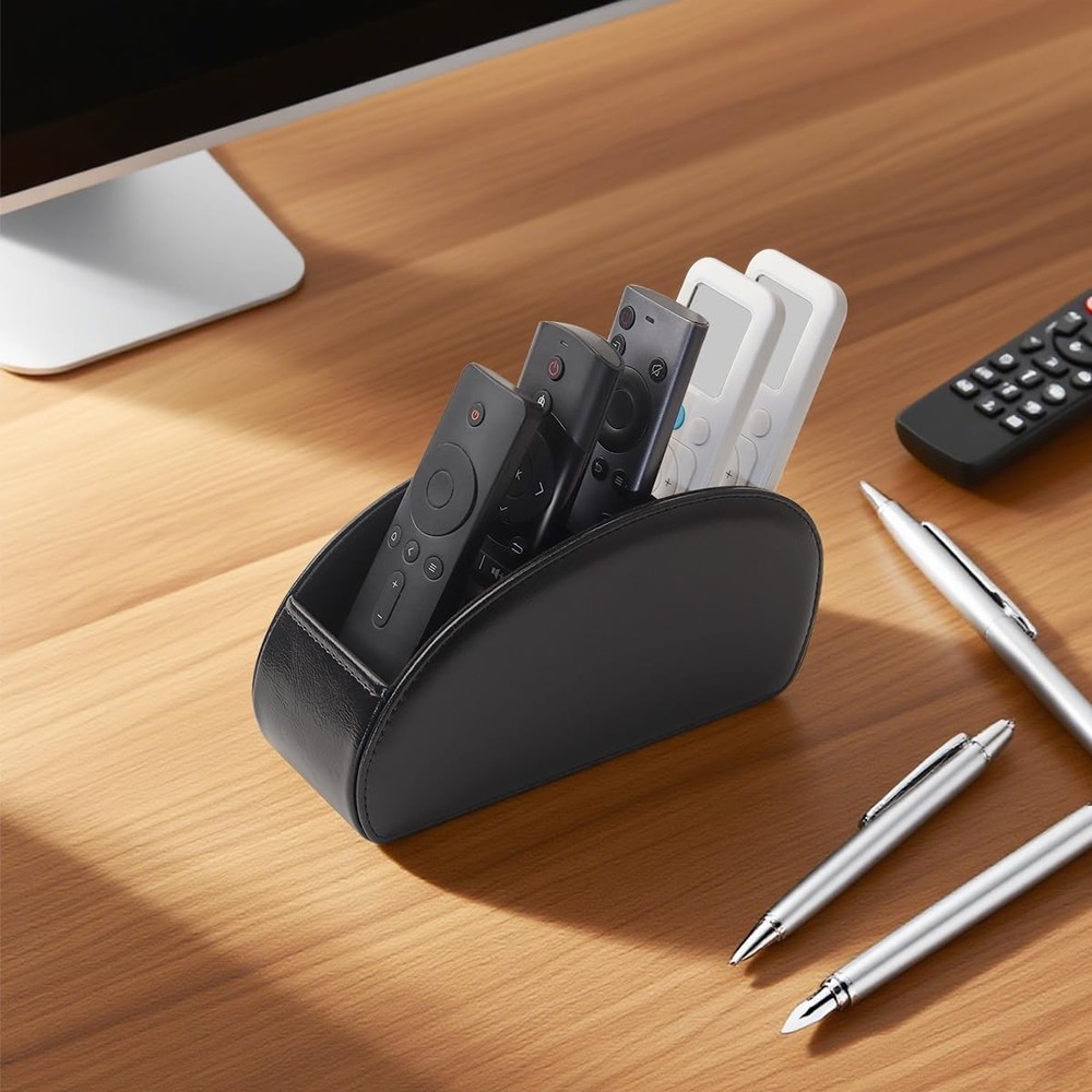 Remote Control Holder, PU Leather Remote Caddy Desktop Organizer with 5 Spacious