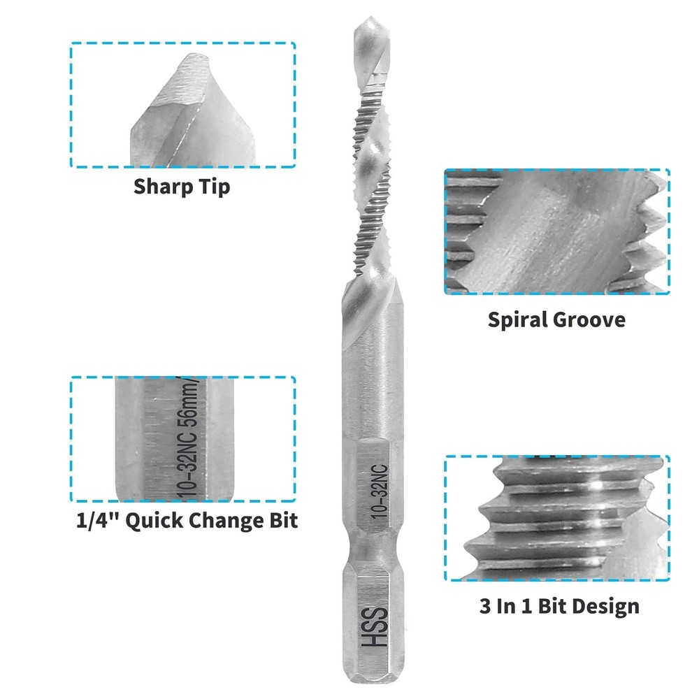 2 Pcs 10-32NC Combination Tap and Drill Bit, Multi Use 2 10-32