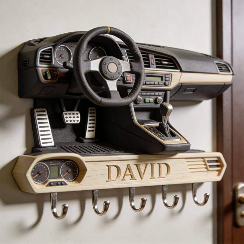 Car Dashboard Key Holder Wooden Flat 2D Wall Hooks Personalized