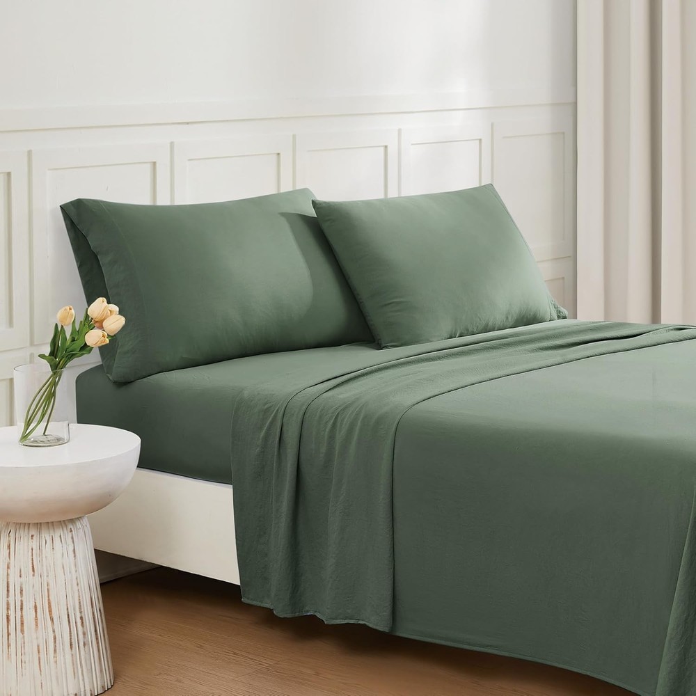 TRULY SOFT Garment Wash Solid Green Queen 4 Piece Sheet Set, Solid Color Themed,
