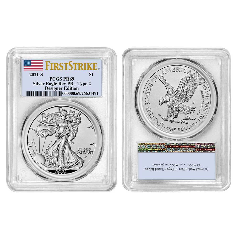 2021 Reverse Proof American Silver Eagle Designer 2pc Set PCGS PR69 FS Flag L...