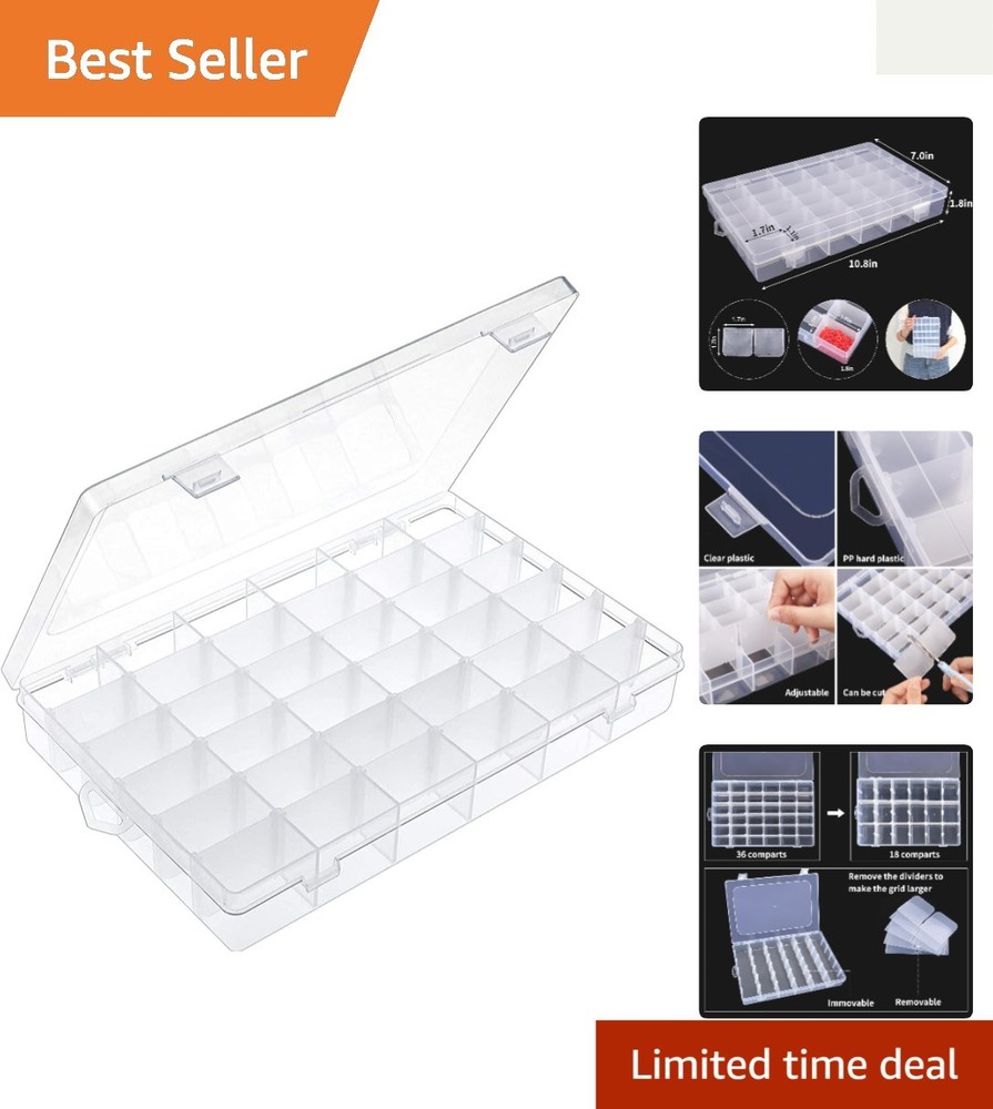 36-Grid Clear Plastic Organizer Box - Adjustable Compartment Storage Solution