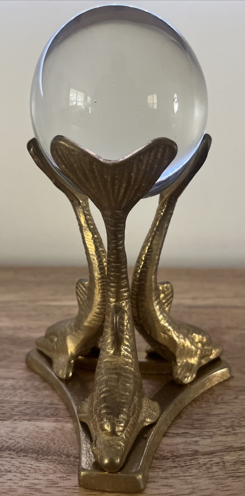 Vintage Crystal Ball Three Dolphin Solid Brass Stand Tripod Holder