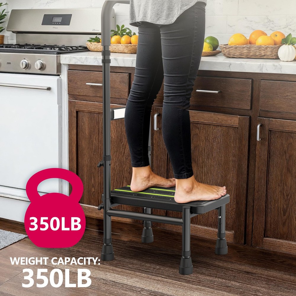 Packve Step Stool with Handle for Elderly 1 Step, Adjustable Leg, Black