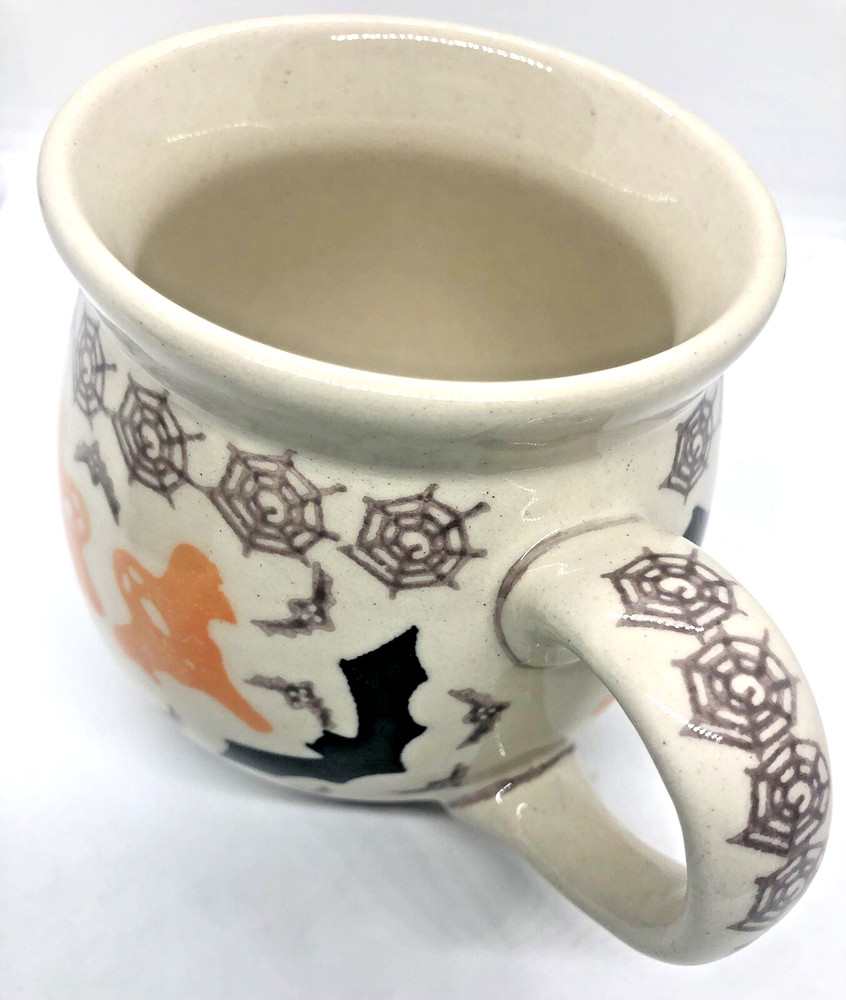 Polish Pottery Medium Bubble Mug Coffee Tea Pattern BOO Ghosts Bats Spiders
