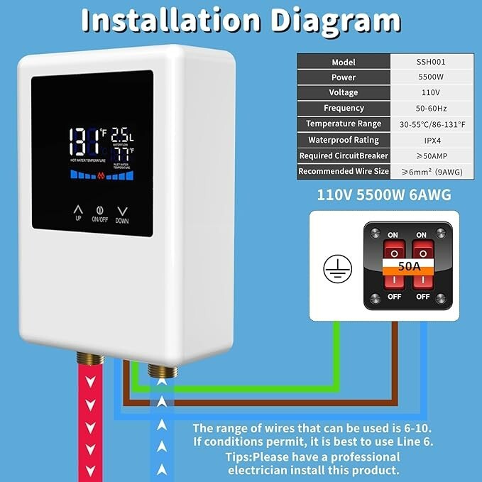 Tankless Water Heater Electric, 5500W 110V Instant Hot Water Heater with Remote